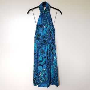 Trina Turk Silk Blue Floral Halter Mini Dress